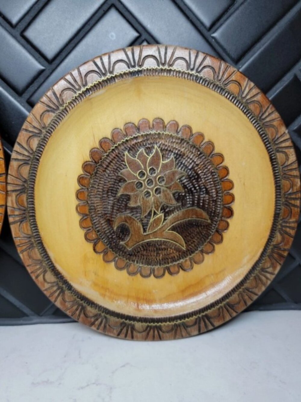 Vintage Polish Folk Art Hand Carved Wooden Plate Set 3- Zakopane Tatra Mountains - Picture 5 of 5